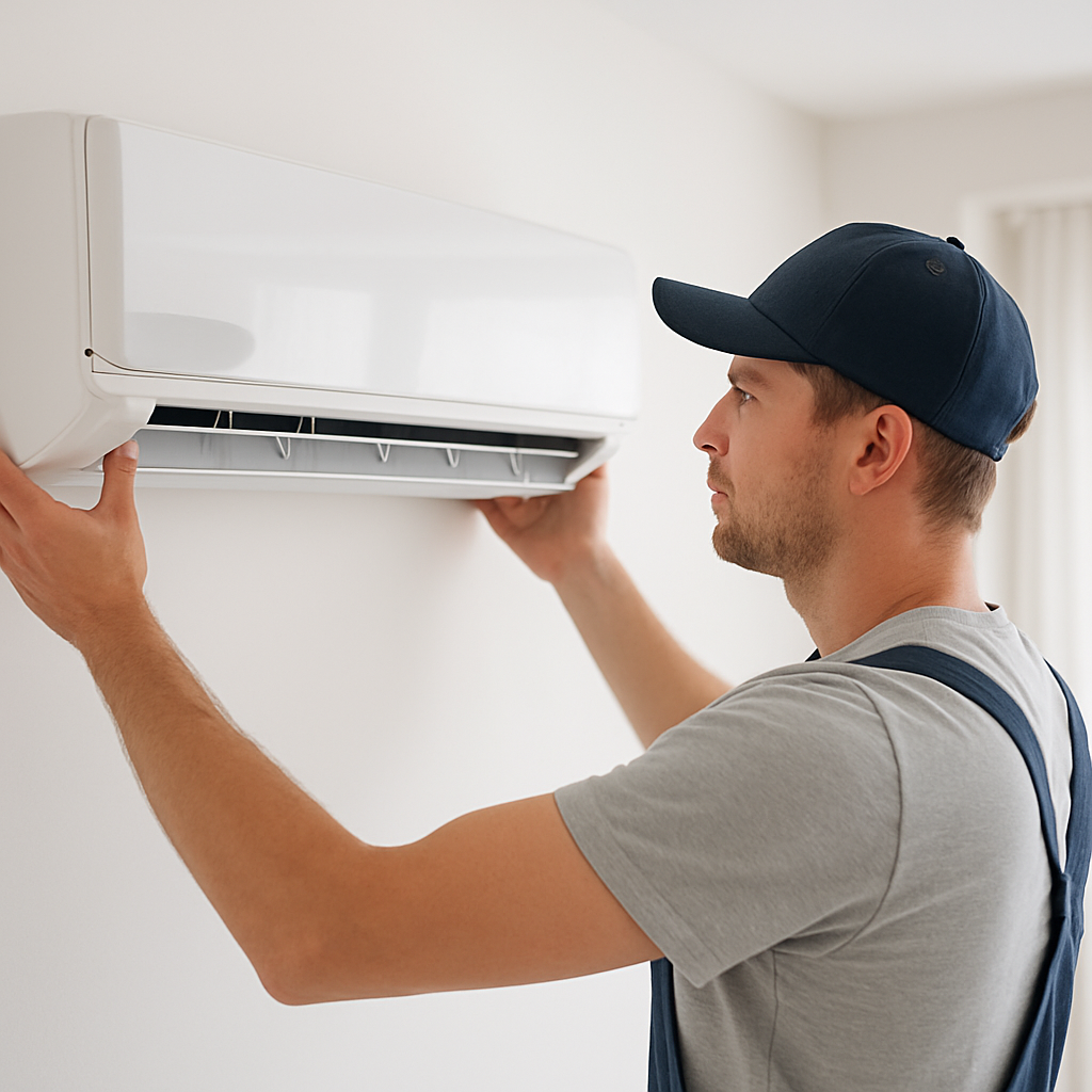 Technician installing a wall-mounted split air conditioning unit