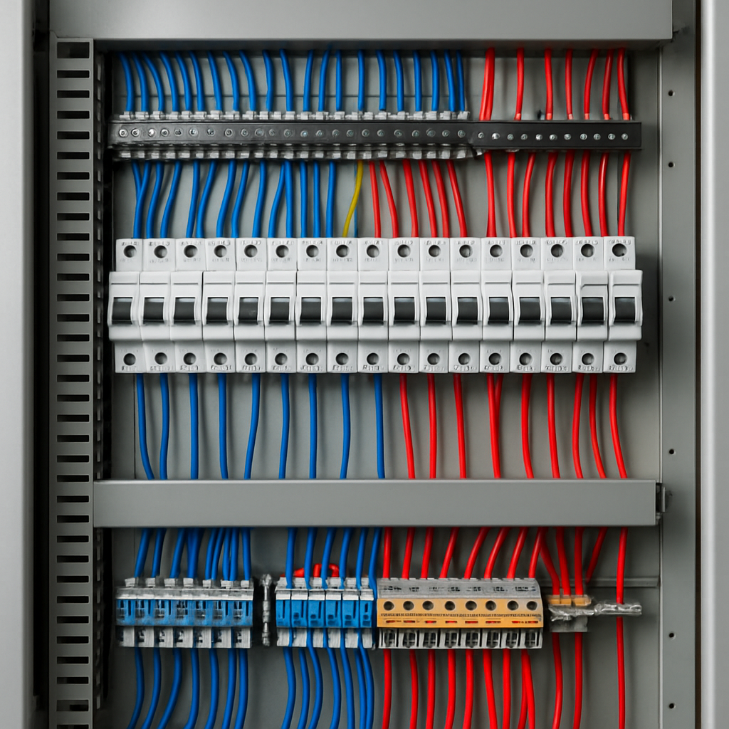 Neat industrial electrical distribution panel with organized wiring